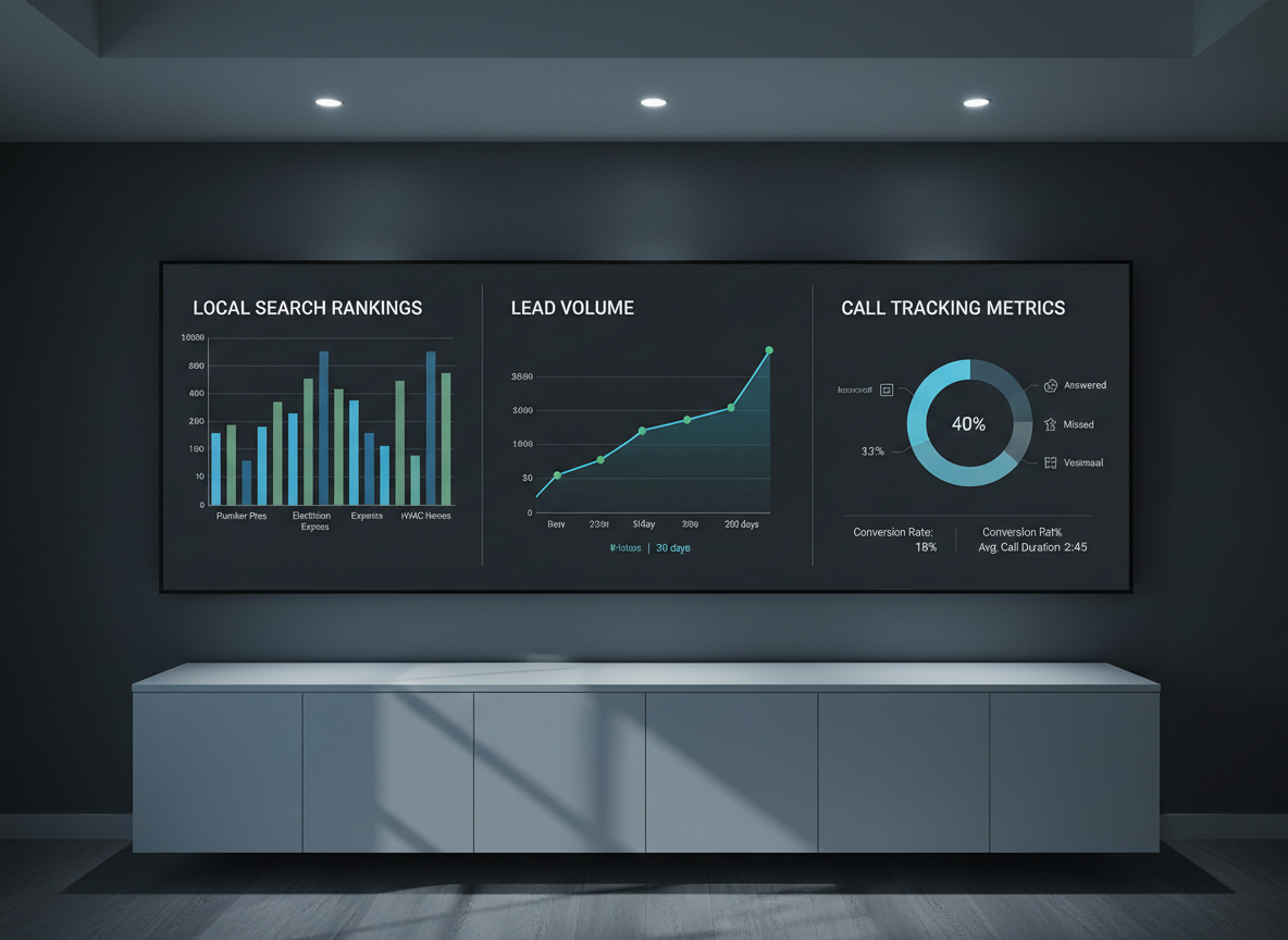 A large wall-mounted digital dashboard in a modern office environment, displaying clear, professional charts of local search rankings, lead volume, and call tracking metrics for multiple service-based businesses. The screen’s interface uses cool blues, muted greens, and neutral grays on a dark background, with crisp typography and clean graph lines. The room is dimly lit except for soft overhead recessed lighting and the subtle glow from the display, casting controlled reflections on a nearby minimalist white credenza. Shot straight-on at eye level for a structured, balanced composition, photographic realism highlights the precision and professionalism of data-driven marketing performance.