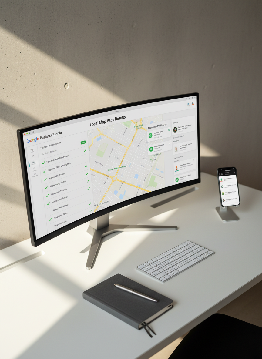 A meticulously organized white desktop in a contemporary workspace, featuring a large ultrawide monitor showing a detailed Google Business Profile optimization checklist, alongside local map pack results with improved visibility. Next to the monitor, a slim silver keyboard, a dark graphite notebook with a metal pen, and a phone docked vertically displaying incoming lead notifications form a tidy arrangement. Neutral-toned walls and a subtle concrete-textured background maintain a calm corporate aesthetic. Soft, diffused afternoon light from an unseen window to the left creates mild shadows and a gentle gradient across the scene. Captured from a slightly angled top-down perspective, with sharp focus and clean composition, emphasizing structure, efficiency, and automation.