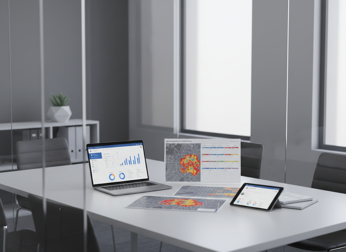A sleek glass-walled conference room table seen from a slightly elevated eye-level angle, its matte white surface covered with neatly arranged marketing artifacts: an open silver laptop displaying a clean analytics dashboard, printed local search heatmaps, a structured content calendar, and a tablet showing a fully optimized Google Business Profile. The room features clean lines, neutral gray walls, and a large frosted window letting in soft daylight that creates gentle, controlled reflections on the table. In the blurred background, minimalist shelving holds a few monochrome binders and a single geometric plant pot. Photographic realism with a corporate, modern aesthetic, balanced composition, and shallow depth of field emphasize focus, clarity, and strategic organization.